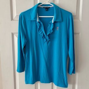 Tommy Hilfiger Blue Ruffled 3/4 Sleeve Polo Blouse Large